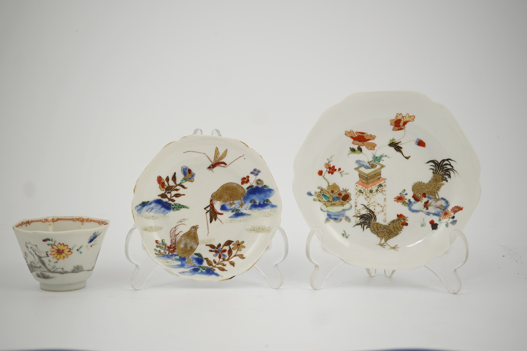 Two Chinese semi-eggshell porcelain hexagonal saucers and a similar cup, Yongzheng/Qianlong period